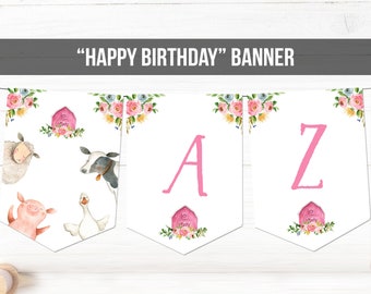 Farm Animals Birthday Banner A-Z Alphabet Numbers Banner Baby Shower Birthday Girl Pink Barnyard Country Barn Decor Download Printable 0155