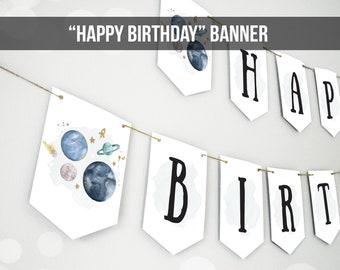 Feliz cumpleaños Banner Espacio exterior Planetas Banner Boy Galaxy Primer cumpleaños Decoraciones Cohete Descarga instantánea IMPRIMIBLE DIGITAL DIY 0357