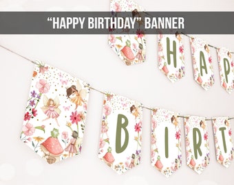 Happy Birthday Banner Fairy Birthday Girl Fairy First Birthday Decorations Fairy Garden Magical Tea Download PRINTABLE DIGITAL DIY 0406