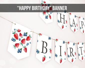 Happy Birthday Banner Strawberry Blueberry Banner Berry First Birthday Girl Decor Berry Sweet 1st Download PRINTABLE DIGITAL DIY 0399