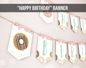 Happy Birthday Banner Donut Birthday Banner Girl Pink Pastel Donut Party Doughnut Decor Two Sweet One Download PRINTABLE DIGITAL DIY 0320