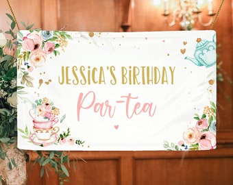 Editable Tea Birthday Backdrop Tea for Two Birthday Girl Pink Gold Floral Tea Party Par-tea Whimsical Tea Corjl Template Printable 0349