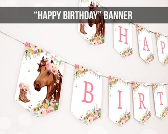 Happy Birthday Banner Paard Verjaardag Banner Zadel Up Aquarel Cowgirl Party Girl Pony Verjaardag Decor Download AFDRUKBARE DIGITALE DIY 0408