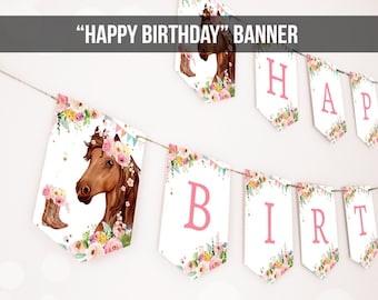 Happy Birthday Banner Horse Birthday Banner Saddle Up Watercolor Cowgirl Party Girl Pony Birthday Decor Download PRINTABLE DIGITAL DIY 0408