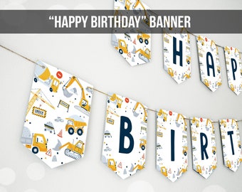 Happy Birthday Banner Construction Birthday Banner Boy Dump Truck Birthday Banner Decor Digger Instant download PRINTABLE DIGITAL DIY 0458