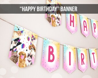 Happy Birthday Banner Party Animals Cats and Dogs Animals Puppy Birthday Kitten Birthday Pawty Decor Instant download PRINTABLE DIGITAL 0460