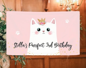 Editable Kitten Birthday Backdrop Kitty Cat Birthday Party Decor Girl Pink Are You Kitten Me Pet 1st Download Corjl Template Printable 0381