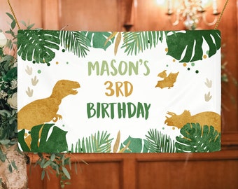 Editable Dinosaur Birthday Backdrop Banner Boy Gold Prehistoric Birthday Dino Party Welcome Sign Download Corjl Template Printable 0146
