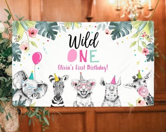 Editable Party Animals Birthday Backdrop Banner Safari Animals Wild One First Birthday Welcome Sign Download Corjl Template Printable 0322