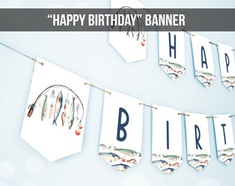 Happy Birthday Banner Fishing Birthday Banner Boy Birthday Decorations Ofishally The Big One Instant download PRINTABLE DIGITAL DIY 0454