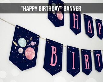 Happy Birthday Banner Outer Space Planets Banner Girl Galaxy First Birthday Decorations Rocket Instant download PRINTABLE DIGITAL DIY 0357