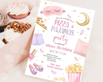 May include: A pink and gold invitation for a pizza and pajamas party to celebrate a 10th birthday. The invitation features a sleeping mask, pizza, pajamas, popcorn, and slippers. The text on the invitation reads "You're invited to a Pizza & Pajamas party to celebrate Addison's 10th Birthday! April 21st. 2-4 pm Addison's House 123 Party Lane, Texas 4567 RSVP to Amy 123.456.789 Wear your favorite pajamas!"