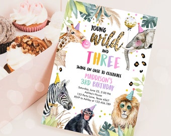 Editable Young Wild and Three Invitation Girl Pink and Gold Safari Animals Zoo Instant Download Printable Template Digital Corjl 0417