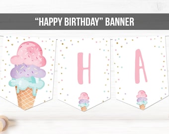 Happy Birthday Banner Pink Ice Cream Birthday Banner Ice Cream Party Girl Birthday Decorations Instant download PRINTABLE DIGITAL DIY 0243