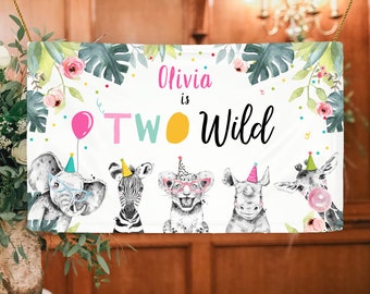 Editable Party Animals Birthday Backdrop Banner Safari Animals Girl Two Wild Welcome Sign Pink 2nd Download Corjl Template Printable 0322