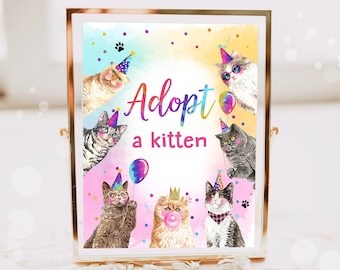 Letrero de cumpleaños "Adopta un gatito", decoración de mesa, fiesta de gatos, cumpleaños de gatitos, letrero de adopción de gatitos, decoración de fiestas con animales, descarga imprimible 0460