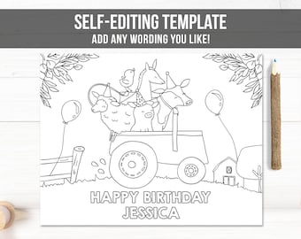 Editable Coloring Page Farm Animals Birthday Party Activity Game Farm Birthday Barnyard Birthday Digital Download PRINTABLE Corjl 0155