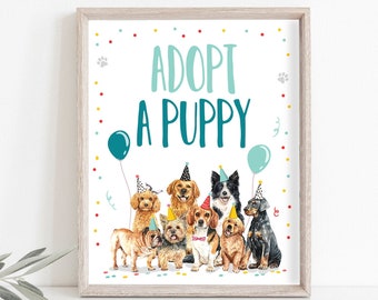 Adopt a Puppy Birthday Sign Table Decor Dog Birthday Party Boy Puppy Adoption Sign Vet Pawty Decor Table Sign Instant Download RINTABLE 0384