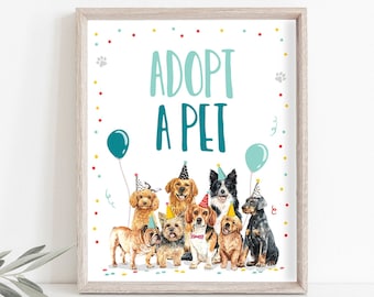 Adopt a Pet Birthday Sign Table Decor Dog Birthday Party Boy Puppy Adoption Sign Vet Pawty Decor Table Sign Instant Download RINTABLE 0384