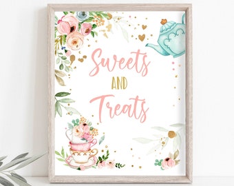 Sweets and Treats Sign Tea Birthday Party Sign Pink Gold Floral Tea Birthday Desserts Table Sign Decorations Instant Download Printable 0349