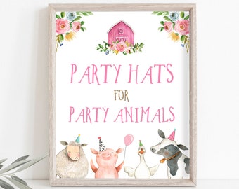 Letrero de fiesta de animales de granja, letrero de sombreros de fiesta, letrero de cumpleaños de granja, letrero de cumpleaños de granero de zoológico, decoración de granja, letrero de decoraciones rosas para niña, letrero de fiesta IMPRIMIBLE 0155