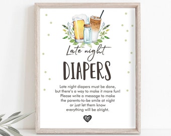 Late Night Diapers Sign Baby is Brewing Baby Shower Sign Bottles and Beers Greenery Cold Brew Shower Game Diaper Thoughts Printable 0190