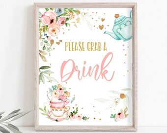 Drinks Tea Party Sign Par-tea Birthday Sign Pink Gold Floral Tea Birthday Decorations Tea for Two Drink Table Sign Download Printable 0349