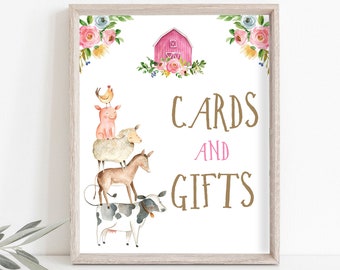Cards And Gifts Sign Table Decor Farm Birthday Sign Gift Table Farm Animals Party Pink Farm Girl Floral Barnyard Sign Printable 0155
