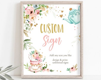 Editable Custom Tea Party Sign Baby Shower Baby is Brewing Floral Pink Gold Whimsical Girl Table Sign 8x10 Corjl Template Printable 0349