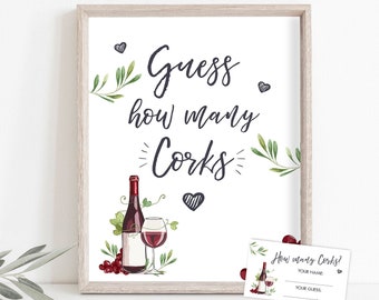 Guess How Many Corks Wine Bridal Shower Game Are in the Jar Wine Tasting Grapes Sign Cards Cork Games Instant Download PRINTABLE 0234