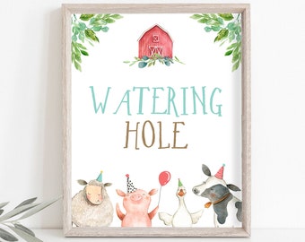 Watering Hole Birthday Sign Drink Table Decor Red Farm Birthday Boy Farm Animals Table Sign Barnyard Decorations Drinks PRINTABLE 0155