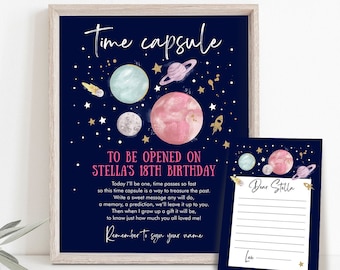 Editable Outer Space Time Capsule First Birthday Party Astronaut Rocket Space Girl Pink Moon Planets Guestbook Template Printable Corjl 0357