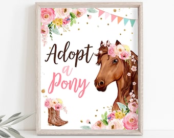 Adoptera en ponny-skylt Hästfestskylt Borddekor Blommor Häst Födelsedag Cowgirl Hästgåvor Bondgård Ridning Husdjur Nedladdning Utskrivbar 0408