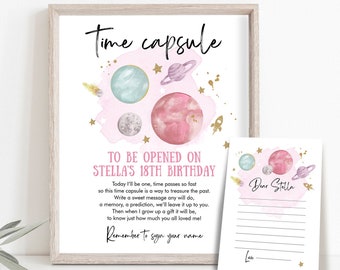 Editable Outer Space Time Capsule First Birthday Party Astronaut Rocket Space Girl Pink Moon Planets Guestbook Template Printable Corjl 0357