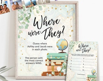 Editable Where were They? Bridal Shower Game Wedding Shower Activity Eucalyptus Travel Adventure Bride Groom Template PRINTABLE Corjl 0030