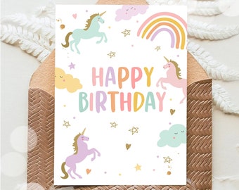 Gelukkige verjaardagskaart Eenhoorn verjaardagswenskaart Eenhoorn magische regenboog meisje dochter vriend 5 x 7 DIGITALE AFDRUKBARE Instant Download