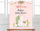 Editable Llama Welcome Sign Llama Baby Shower Welcome Baby Sprinkle Cactus Theme Fiesta Mexican Succulent Pink Girl Corjl Template 0079