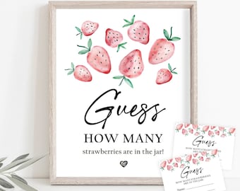 Editable Guess How Many Strawberries Birthday Baby Shower Game Strawberry Are in the Jar Sweet Activity Instant Download Printable 0399
