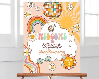 Editable Groovy Birthday Welcome Sign Floral Boho Birthday Welcome Sign Retro 70's Hippie Festival Download Template Corjl PRINTABLE 0459