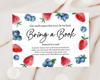 Editable Bring a Book Card Strawberry Berry Sweet Baby Shower Blueberry Book Insert Books for Baby Request Corjl Template Printable 0399