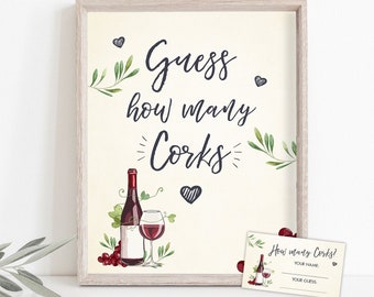 Guess How Many Corks Wine Bridal Shower Game Are in the Jar Wine Tasting Grapes Sign Cards Cork Games Instant Download PRINTABLE 0234