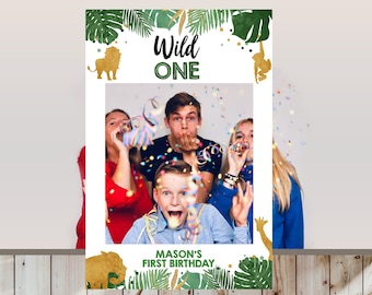 Editable Safari Animals Birthday Photo Frame Boy First Birthday 1st Gold Wild One Party Animals Booth Decor Corjl Template Printable 0016