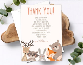 Editable Baby shower Thank you note Woodland Thank You Rustic Cute Animals Forest Gender Neutral Template Instant Download Corjl 0010