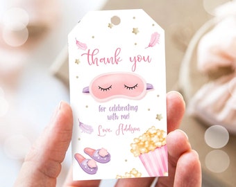 Tag modificabile per pigiama party, grazie, bomboniere, etichette per pigiama party, etichette per maschere per la serata al cinema, etichette per pigiama, modello stampabile Corjl 0447