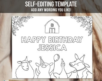 Editable Coloring Page Farm Animals Birthday Party Activity Game Farm Birthday Barnyard Birthday Digital Download PRINTABLE Corjl 0155