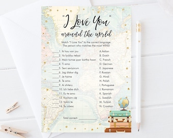 Editable Travel Bridal Shower Game I Love You Around the World Travel Adventure Wedding Activity Bachelorette Corjl Template Printable 0263