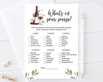 Editable What's in Your Purse Bridal Shower Game Wine Tasting Vineyard Grapes Wine Bottles Wedding Outdoor Napa Download Corjl Template 0234