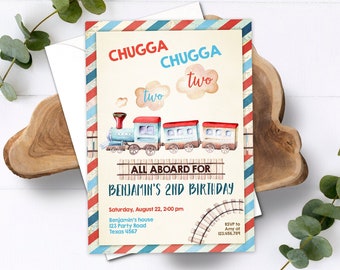 Editable Chugga Chugga Two Two Train Birthday Invitation Vintage Choo Choo Train Party Train Digital Download Template Printable 0149