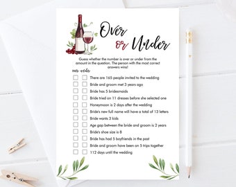 Editable Over or Under Bridal Shower Game Wine Tasting Vineyard Grapes Wedding Shower Activity Download Corjl Template Printable 0234