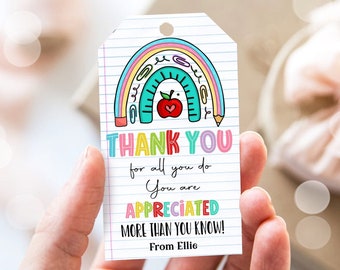 Editable Teacher Appreciation Tags Teacher Tag Thank you Gift Tag End of School Year Appreciation Week Rainbow Corjl Template Printable 0464